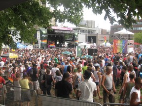 The massive T-dance following Montreal's Gay Pride parade on August 19 was held in Parc Emilie-Gamelin (Berri Square), which is also ground zero in the war against neighbourhood drug dealers and homeless drug addicts. Just two nights earlier,  on Aug 17, Jean-Sébastien Boudreault, VP of Montreal’s Gay Pride organization, Fierté Montréal Pride, was attacked just a few feet away from here. (Photo by Richard Burnett)