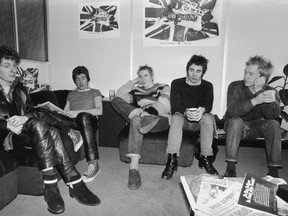 The Sex Pistols and manager Maclcolm McLaren in December, 1976. From left: McLaren, Steve Jones, John Lydon/Rotten, Glen Matlock and Paul Cook. Photo by R. Jones/Getty Images