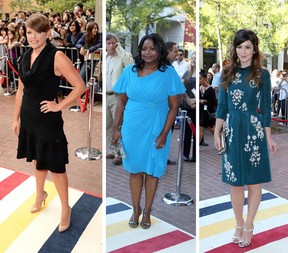 The Toronto International Film Festival has a striped carpet, courtesy of The Bay, along with its more conventional red carpets. Left to right: Natalie Maines of the Dixie Chicks (photo by Jason Merritt/Getty Images) actresses Octavia Spencer and Mary Elizabeth Winstead (both photos by Alexandra Wyman/Getty Images).