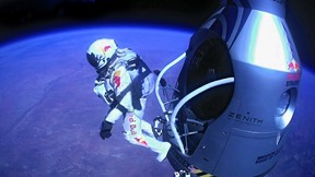 Pilot Felix Baumgartner of Austria jumps out of the capsule during the final manned flight for Red Bull Stratos on October 14, 2012 in space. Baumgartner broke the world record for the highest free fall in history after making a 23-mile ascent in capsule attached to a massive balloon.  (Photo by Jay Nemeth/Red Bull Stratos via Getty Images)