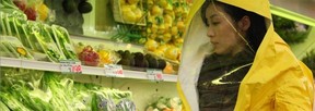 In this scene from Sion Sono's film Land of Hope, Megumi Kagurazaka plays a pregnant woman who wonders if this produce is as safe as the shop owners claim that it is. She fears that it is contaminated with radiation.