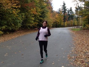 Ruth Magnus runs near her home in St-Lazare. For the past year, she has run the equivalent of 52 marathons in 52 weeks and hopes to raise $52,000.