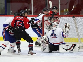 Lakeshore goalie Nick Fry wears new Panther logo on his chest.