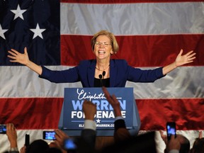 BOSTON, MA - NOVEMBER 6: Elizabeth Warren takes the stage for her acceptance after beating incumbent U.S. Senator Scott Bown at the Copley Fairmont November 6, 2012 Boston, Massachusetts. The campaign was highly contested and closely watched and went down to the wire. (Photo by Darren McCollester/Getty Images)