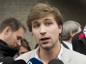 Gabriel Nadeau-Dubois speaks to reporters in Montreal, Friday, November 2, 2012, following a meeting with his lawyer after he was found guilty of contempt of court. What's next for the former protest leader? THE CANADIAN PRESS/Graham Hughes.