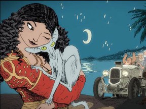 Zlabya, daughter of Rabbi Sfar, loves this nameless cat, and he loves her right back, in Joann Sfar's film, Le Chat du Rabbin. It's based on a series of graphic novels Sfar wrote. Image is from the Facebook page of Le Chat du Rabbin.