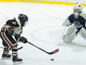 Drakkar Noir's Gabriel Besner faces the Cougars de Suroit- Est's goalie Malek Gagnon-Houle.