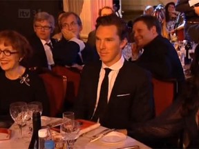 Una Stubbs (Mrs Hudson), Benedict Cumberbatch (Sherlock Holmes) and  Lara Pulver (Irene Adler) at Specsavers Crime Thriller Awards. (Screen grab from an ITV video that has since expired.)