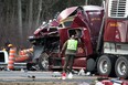 A gravely injured truck driver was removed from the wreckage of his tractor-trailer cab near Coteau-du-Lac about 7:30 a.m. Thursday.