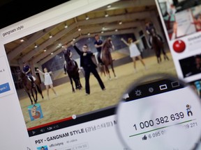 A magnifying glass shows the number of times that viewers have watched South Korean rapper Psy's video Gangnam style on YouTube on December 21, 2012. Psy's "Gangnam Style" became the first video to hit a billion views on YouTube on Friday, marking a fresh milestone in the global craze for the South Korean rapper and his horse-riding dance. The view counter attached to "Gangnam Style," which was only posted on the video-sharing site July 15, clicked over into 10 figures at around 1550 GMT, confirming its status as the most viewed video in the site's history.
AFP PHOTO/THOMAS COEXTHOMAS COEX/AFP/Getty Images