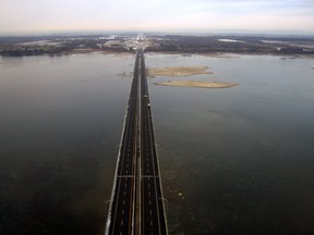 Aerial shot of the Serge Marcil bridge, linking Les Cèdres and Valleyfield