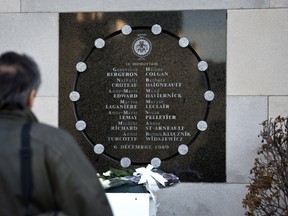 File photo: Commemorative plaque at the Université de  Montréal where 14 women were killed by a lone gunman in 1989 at the École Polytechnique.