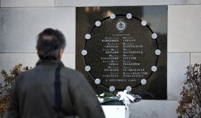 File photo: Commemorative plaque at the Université de  Montréal where 14 women were killed by a lone gunman in 1989 at the École Polytechnique.
