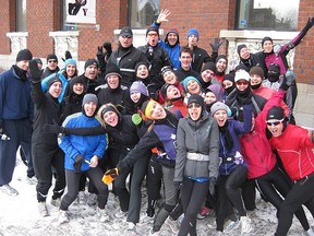 The Team in Training gang fooling around before a winter run. (Photo Credit Sasha Veillette)