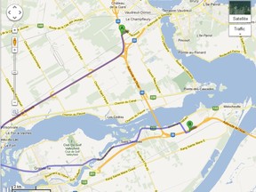 A screenshot of Google maps: directions between two points on the new Highway 30 detour motorists to Valleyfield.