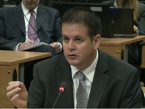 Former Union Montreal organizer Martin Dumont testifies before the Charbonneau Commission Monday  October 29, 2012. Dumont's testimony landed like a bombshell at the time. But now reports suggest the commission is concerned that much of what he alleged can't be corroborated.(Charbonneau Commission)