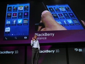 Blackberry CEO Tjrpstem Jeoms reveals new BB10 on stage.