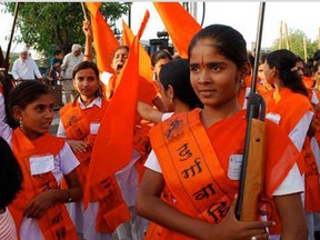A parade by young members of the Hindu fundamentalist group Durga Vahini.