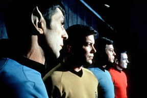 This undated file photo shows actors in the TV series "Star Trek," from left, Leonard Nimoy as Commander Spock, William Shatner as Captain Kirk, DeForest Kelley as Doctor McCoy and James Doohan as Commander Scott. Shatner is about to get beamed up to outer space, in real life.But the actor who played James T. Kirk in "Star Trek" won't be using a transporter, he'll be chatting with outer space by phone. THE CANADIAN PRESS/AP /Paramount Television