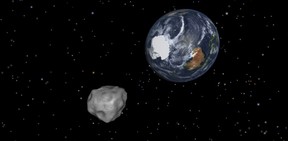 This image provided by NASA/JPL-Caltech shows a simulation of asteroid 2012 DA14 approaching from the south as it passes through the Earth-moon system on Feb. 15, 2013. The day will come when we'll be able to destroy such asteroids if they threatened Earth. But today isn't that day. THE CANADIAN PRESS/AP-NASA/JPL-Caltech
