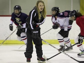 Sarah James on the ice during a practice with her bantam B girls hockey team.