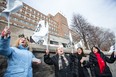 Protesters gather outside the Montreal General Hospital on Wednesday afternoon to protest against mismanagement and cutbacks in the McGill University Health Centre .(Dario Ayala / THE GAZETTE)