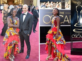 Rachel Mwanza (L), star of the Best Foreign Language Film nominee Rebelle (War Witch), and Montreal director Kim Nguyen  on the red carpet for the 85th Annual Academy Awards on February 24, 2013 in Hollywood, California.  (Photos by JOE KLAMAR/AFP/Getty Images and FREDERIC J. BROWN/AFP/Getty Images)
