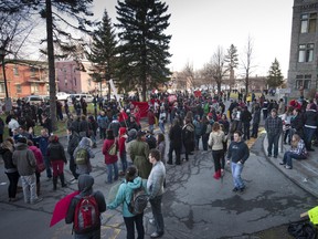 In this picture from April of 2012, students block the main entrance to the College de Valleyfield, forcing the cancellation of classes. A year ago today, Feb. 13, the CEGEP became the first to vote to strike to protest a plan to increase tuition hikes. The protests grew into a province-wide movement that led in part to the fall of the Liberal government in a general election in September of that year.  (Peter McCabe / THE GAZETTE )