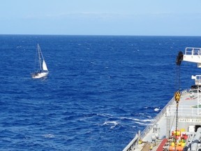 Jim Laverdière, Janette Wygergangs and two crew members are rescued by the oil tanker Amazon Guardian, 600 nautical miles off the Mindelo, Cape Verde coast, late February.