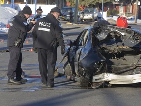 Montreal police investigators were on the scene on Gouin Blvd. near Pierre Lauzon in Pierrefonds on Tuesday, March 26.  Two people were seriously injured.