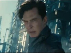 Benedict Cumberbatch looks menacing in a screen grab from the latest trailer from Star Trek Into Darkness.