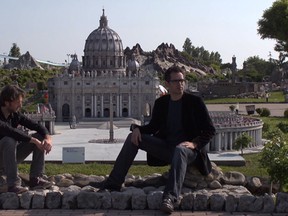 Gustav Hofer, left, and Luca Ragazzi, directors of the film Italy: Love It Or Leave It,  at a theme park in Rimini, Italy.