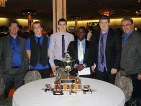 North Shore Lions win top honors at QBFL banquet. Pictured left to right, coach Warren McCaffrey, players Dylan Jackson, Matthew Zatkovic, Shahied Sarpey-Birch, Kyle Gravel and coach Nabil Naccache. Photo courtesy of North Shore Lions