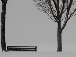A park bench in Pointe-Claire is buried in snow.