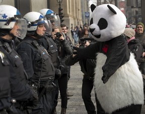 Anarchopanda greets riot police at the start of a student protest against tuition fee hikes held last month. A downtown business group says the continuing protests are killing business in downtown Montreal. THE CANADIAN PRESS/Ryan Remiorz