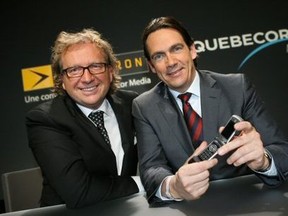 Quebecor CEO Robert Dépatie, and chairman Pierre Karl Péladeau: the company's move to wireless could have a lasting effect on prices for Quebecers