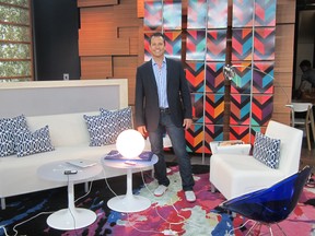 Yanic on set of Cityline doing a segment on ultra cool furnishings you can plug in to. Image courtesy of Yanic Simard.