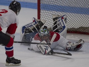 A Schering Plough's player puts the puck over the head of the Bills Boys 35 goalie for a goal.