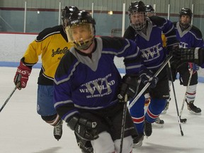 Hockey action was fast and friendly as John Rennie alumni (yellow) took on Clearpoint park (blue) in the final of the West Island division.