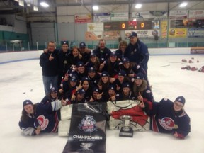The Lac St. Louis bantam AA Selects celebrate their Dodge Cup win on Sunday.