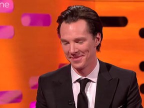 Benedict Cumberbatch looked sheepish after TV host Graham Norton asked him what his fans are called. "Cumber Collective," he muttered. "No, they're not!" Norton retorted. Screen grab from video of BBC TV's Graham Norton Show.