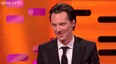Benedict Cumberbatch looked sheepish after TV host Graham Norton asked him what his fans are called. "Cumber Collective," he muttered. "No, they're not!" Norton retorted. Screen grab from video of BBC TV's Graham Norton Show.