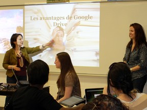 (left to right) WIC French Teachers: Maryse Msika, Marianne Giasson (seated) and Sandra Alves presenting “Une classe de français fantasTIC” workshop