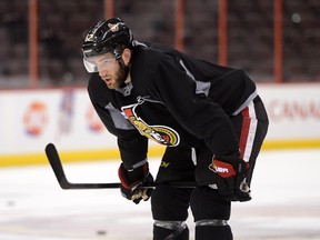 Ottawa Senators' Eric Gryba takes part in an optional skate yesterday at the Scotiabank Place in Ottawa. Gryba returns to action tonight after serving a two-game suspension for a hit on Habs centre Lars Eller. The Sens are leading the first round of NHL playoffs against the Montreal Canadiens 2-1. THE CANADIAN PRESS/Sean Kilpatrick