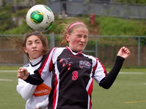 Melina Logao, left, keeps her eye on the ball as Gatineau player grimaces during the play.