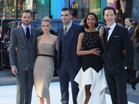 Actors Chris Pine, left, Alice Eve, Zachary Quinto, Zoe Saldana and Benedict Cumberbatch attend the UK Premiere of Star Trek Into Darkness at The Empire Cinema on May 2, 2013 in London, England.  Look at Zoe Saldana's smile. Perhaps she is thinking "Eat your hearts out, fangirls!" (Stuart C. Wilson/Getty Images for Paramount Pictures)