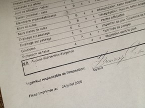 Section of the one-page summary of the inspection report signed by a Genivar engineer.