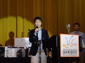 Montreal filmmaker Jason Lee gives his "thank-you" speech at the Palm Springs International ShortFest after winning the award for best documentary short. Photo by Loretta Vlach, courtesy 2013 Palm Springs International ShortFest.