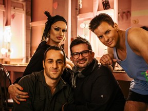 Playwright Puelo Deir surrounded by the cast of Holy Tranity! which runs June 18-23 at Montreal's legendary Café Cléopatra (1230 Saint-Laurent, in the 2nd Floor showbar) on The Main during the Montreal Fringe Festival (Photo by Jan Thijs, courtesy Plato Productions)