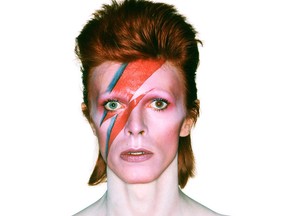 Photo from the "David Bowie Is" exhibition  at London’s Victoria and Albert Museum: Album cover shoot for Aladdin Sane (1973), design by Brian Duffy and Celia Philo, make up by Pierre La Roche.